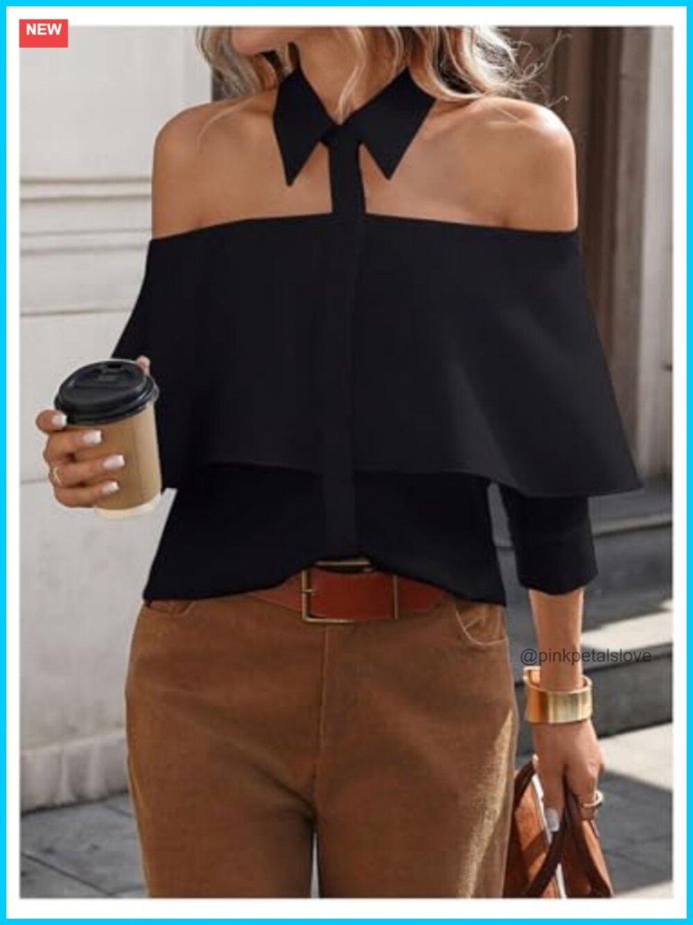 Off Shoulder Button Down Blouse Ruffle Sleeve Keyhole Top Polyester - Picture 4 of 4